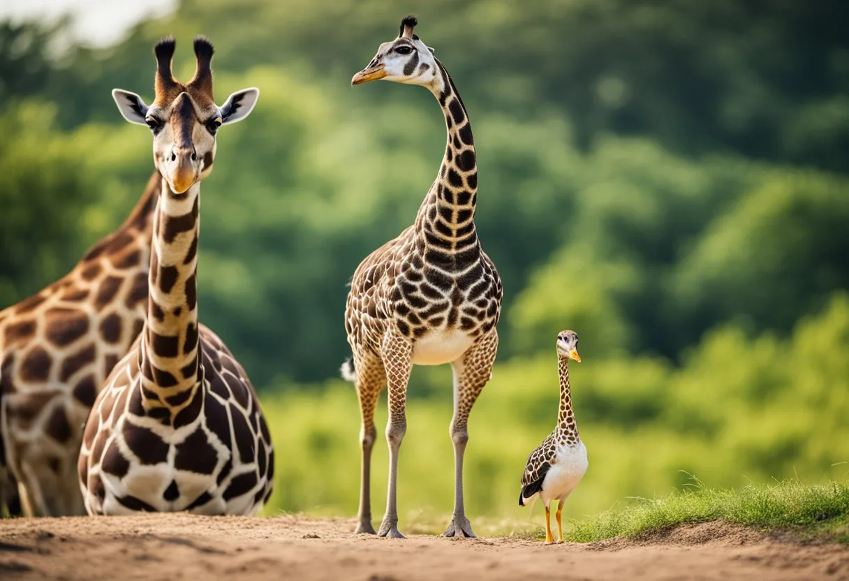 Un canard au cou allongé se tient à côté d'une girafe, mettant en évidence la différence dans le nombre de vertèbres cervicales.
