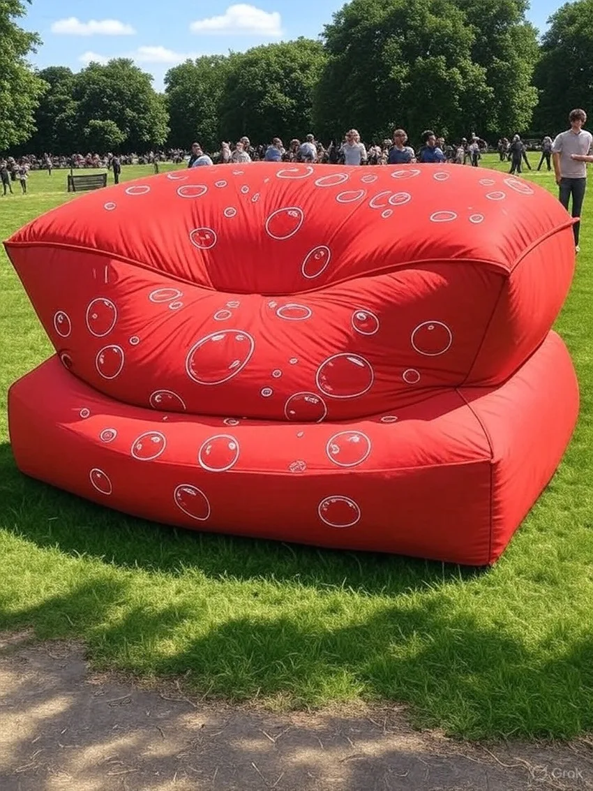 Un très grand coussin péteur rouge et noir mesurant trois mètres avec une personne à côté pour montrer la taille.