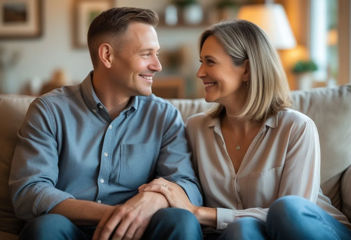 Un couple souriant assis ensemble dans un salon chaleureux, partageant un moment d'affection.