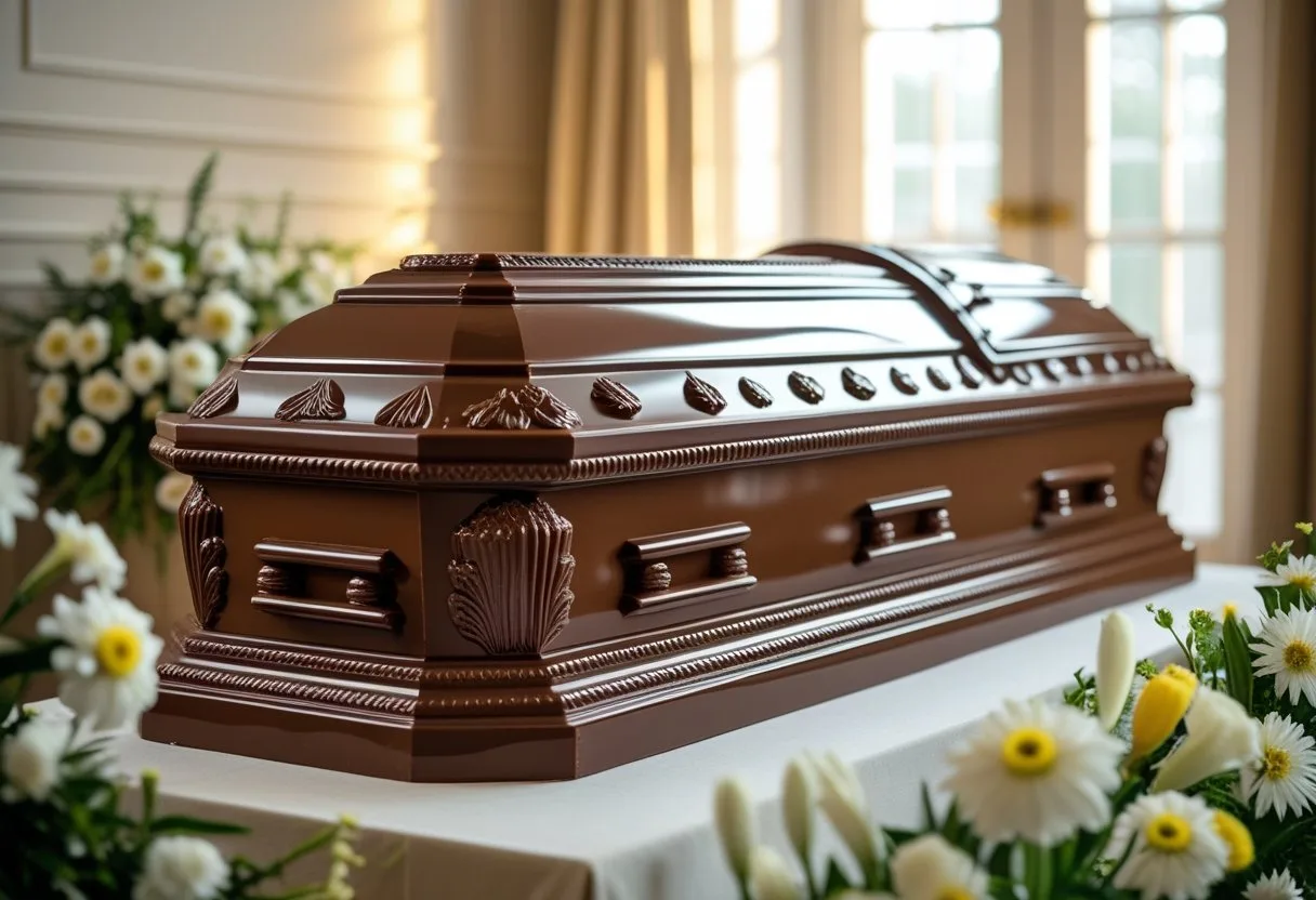 Un cercueil en chocolat entouré de fleurs dans une pièce élégante et paisible.