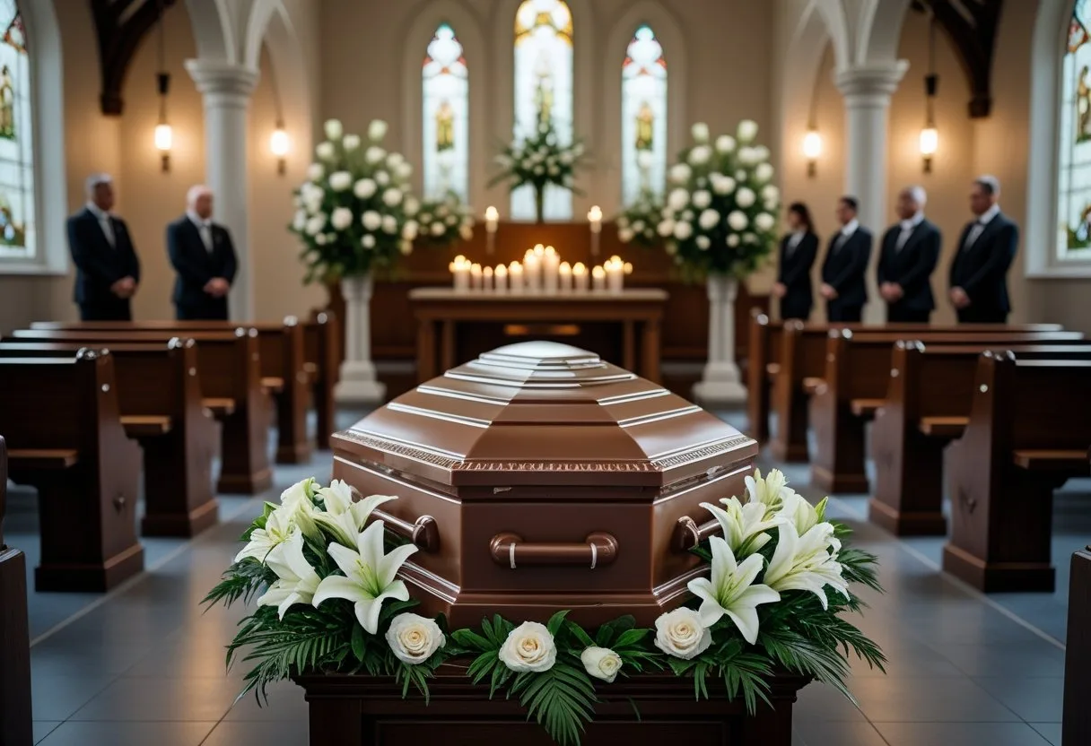 Scène de funérailles avec un cercueil en chocolat entouré de fleurs et de personnes en tenue formelle dans une chapelle.