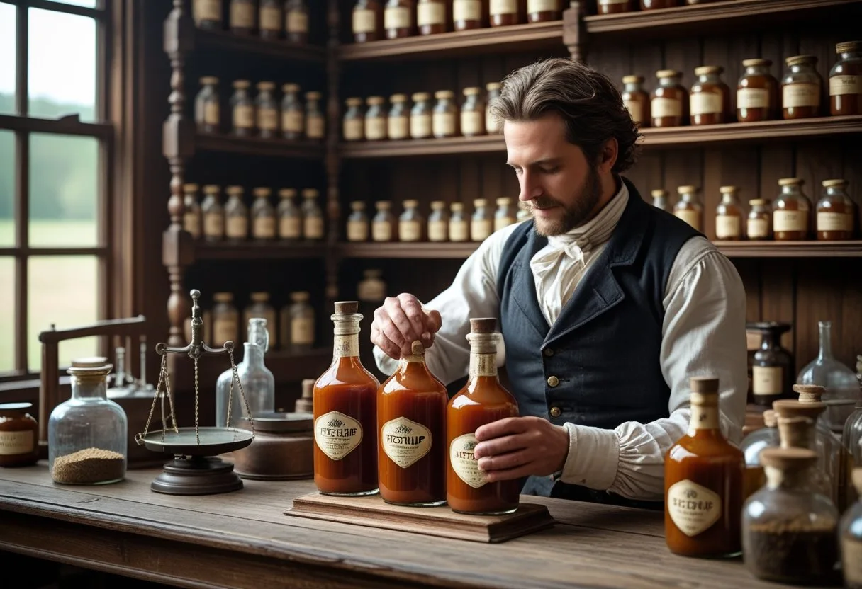 Un pharmacien du 19e siècle dans une pharmacie ancienne, emballant des bouteilles de ketchup sur des étagères en bois.