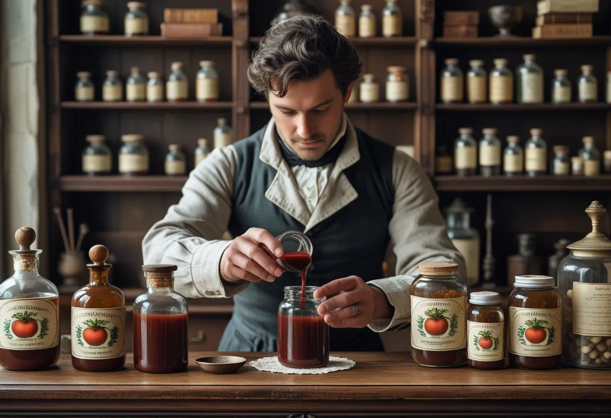 Un fabricant du 19e siècle dans une pharmacie ancienne versant un liquide rouge foncé dans un récipient, entouré de bocaux et bouteilles médicinales sur des étagères en bois.