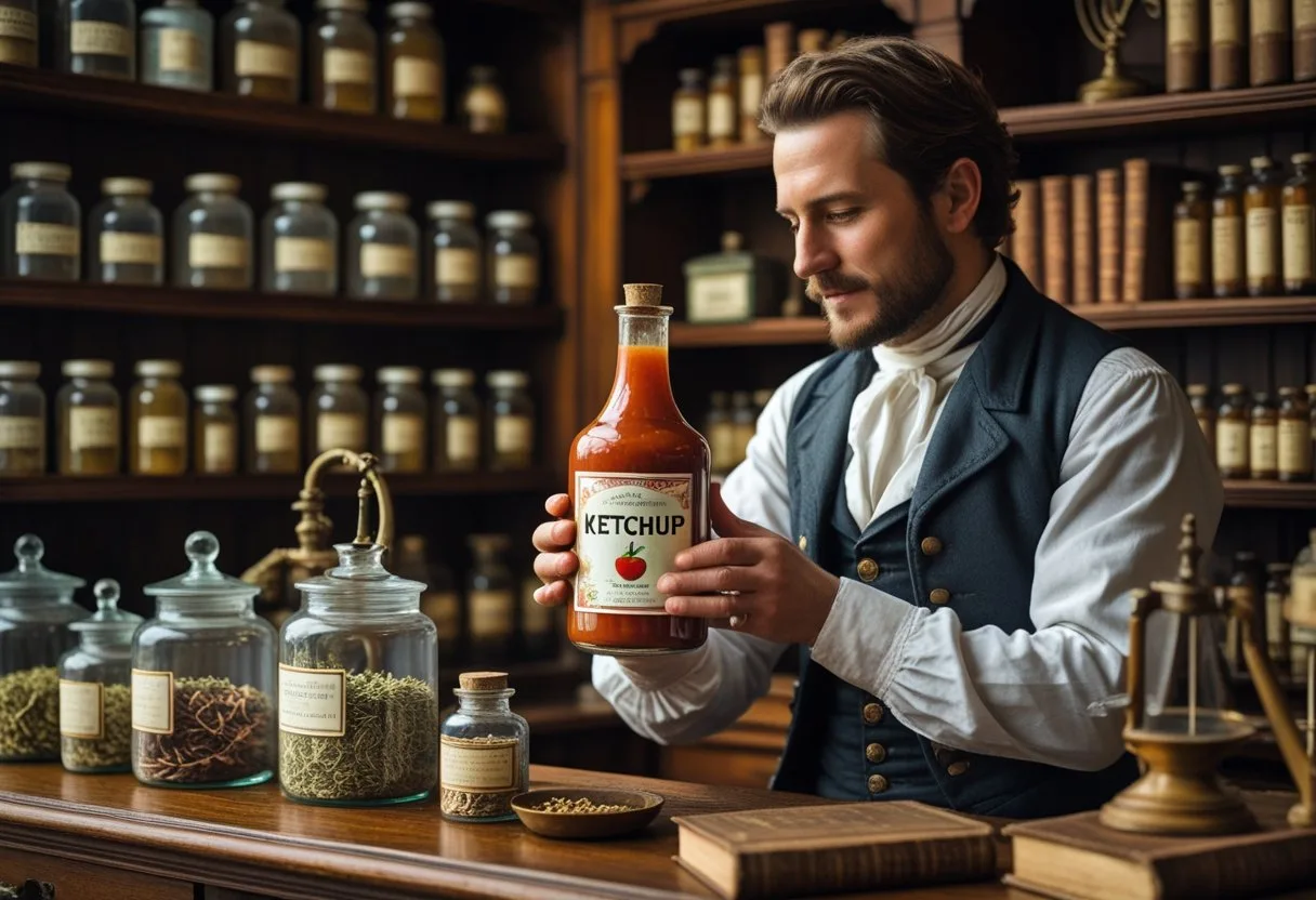 Un pharmacien du XIXe siècle dans une pharmacie ancienne manipulant une bouteille de ketchup présentée comme un remède médicinal, entouré de bocaux et d'instruments d'époque.