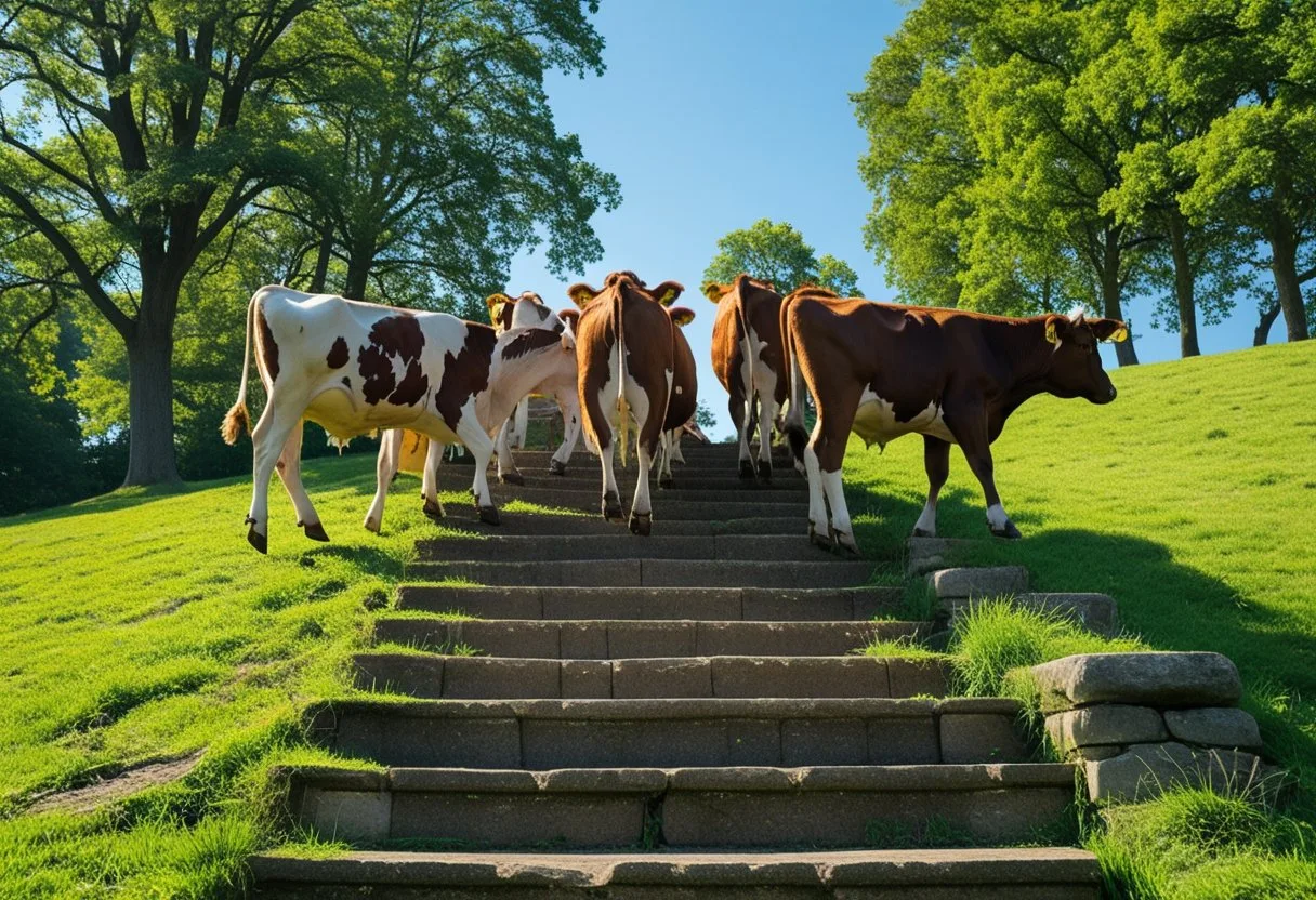 Plusieurs vaches montent un escalier en pierre à l'extérieur dans un environnement naturel.