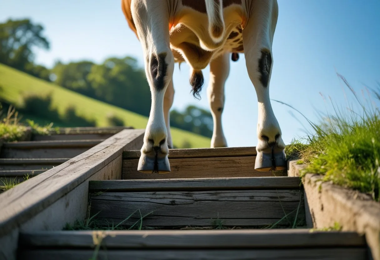 Une vache montée à mi-chemin sur un escalier en bois à l'extérieur, entourée d'un pâturage vert sous un ciel bleu clair.