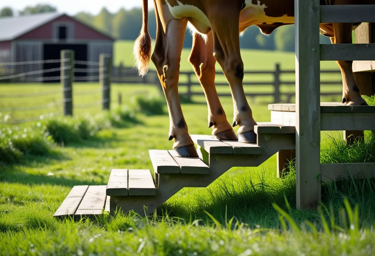 Une vache monte lentement un escalier en bois à la ferme par une journée ensoleillée.