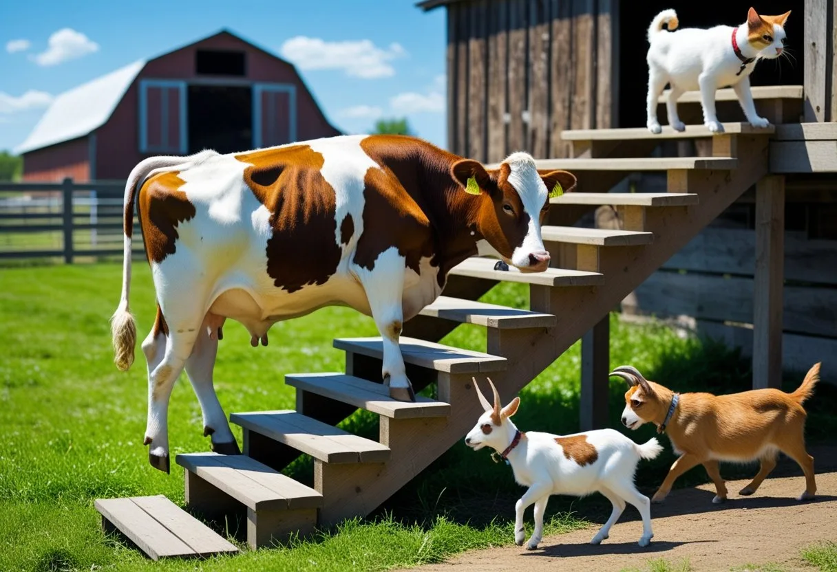 Une vache monte prudemment un escalier en bois à la ferme tandis que d'autres animaux comme un chien, un chat et une chèvre montent et descendent les escaliers avec aisance.