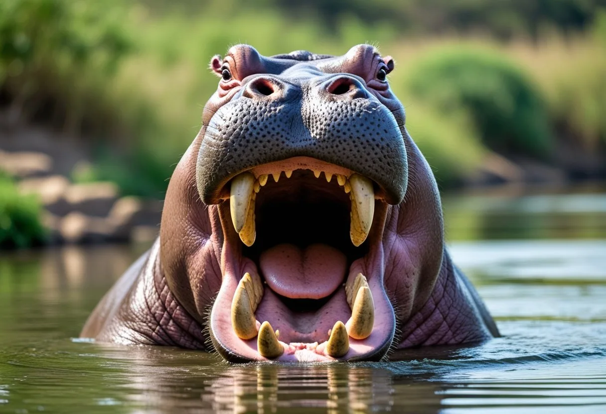 Un hippopotame avec la bouche grande ouverte au bord d'une rivière entourée de végétation.
