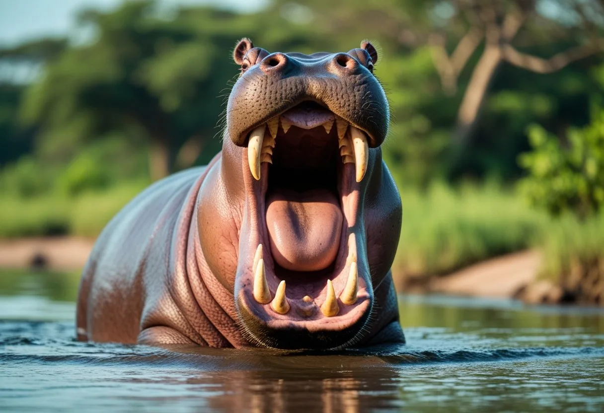 Un hippopotame ouvre grand sa bouche près d'un point d'eau dans un environnement naturel.