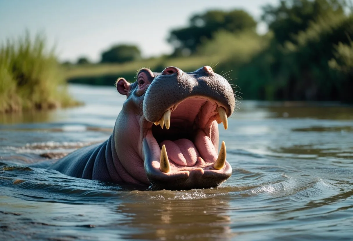 Un hippopotame semi-aquatique avec la bouche grande ouverte, partiellement immergé dans l'eau, entouré de végétation naturelle.