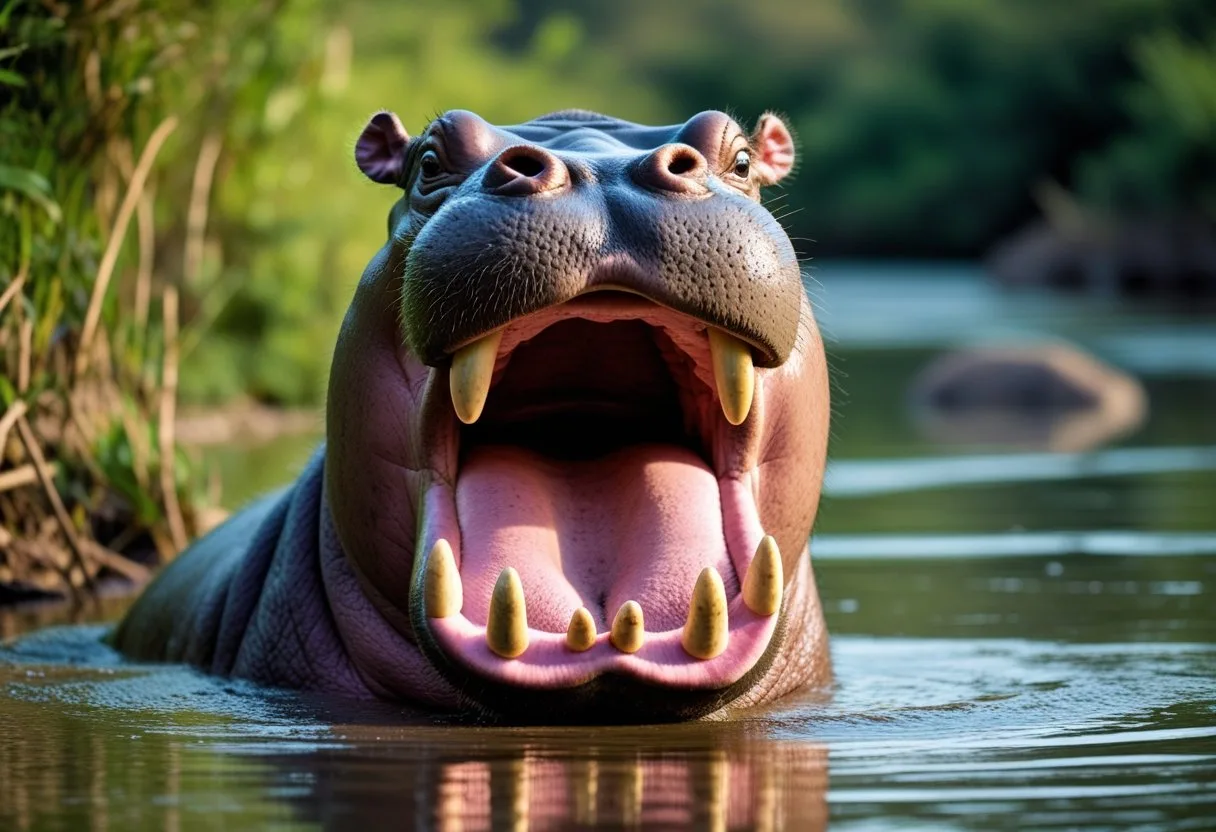 Un hippopotame avec la bouche grande ouverte dans son habitat naturel près d'une rivière.
