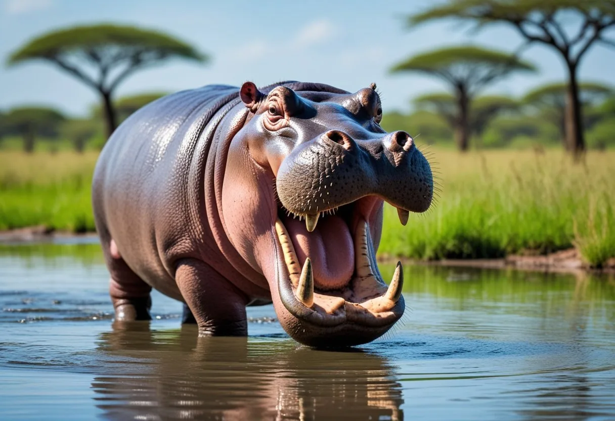 Un hippopotame dans une rivière africaine avec la bouche grande ouverte, entouré de végétation verte.