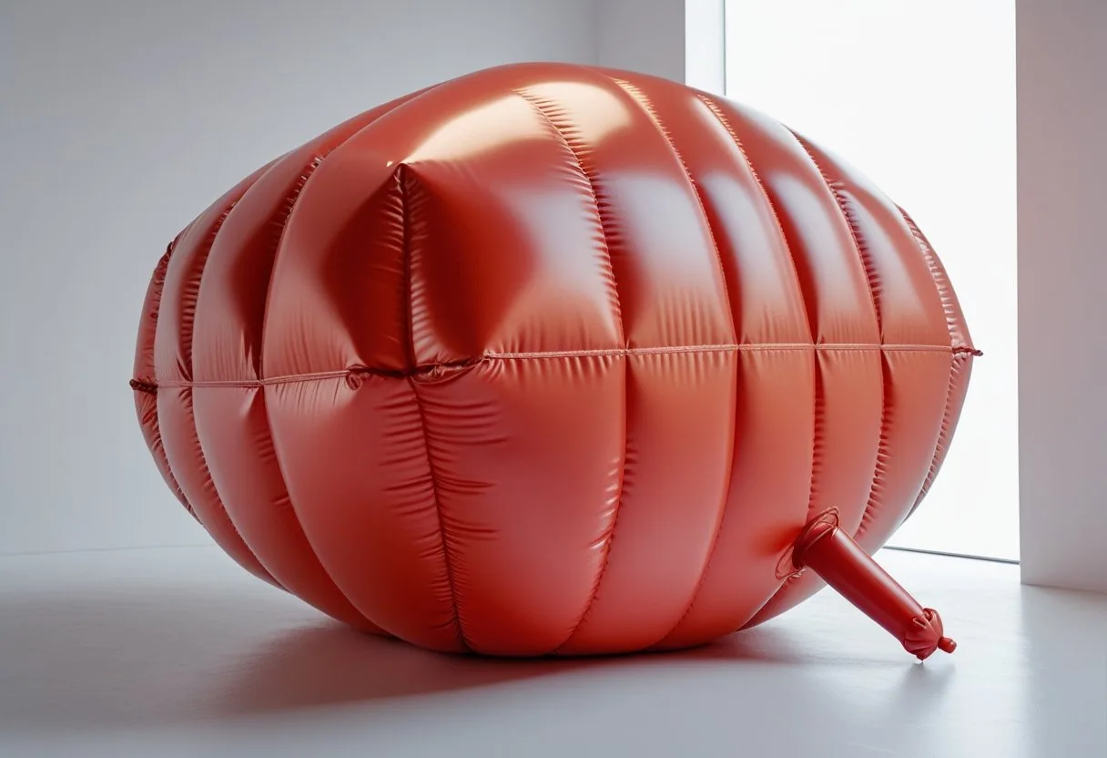 Un énorme coussin péteur rouge gonflé, mesurant trois mètres, posé dans un studio lumineux avec un fond blanc.