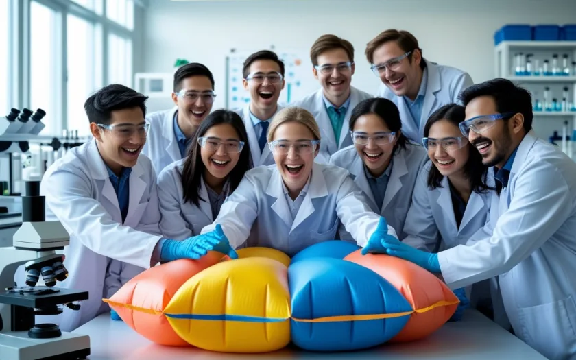 Des scientifiques souriants autour d'un très grand coussin péteur dans un laboratoire lumineux.