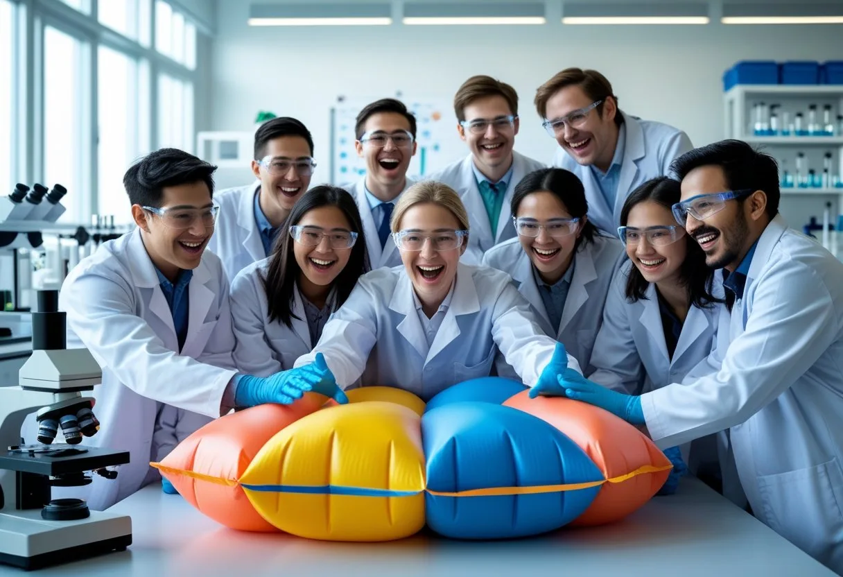 Des scientifiques souriants autour d'un très grand coussin péteur dans un laboratoire lumineux.