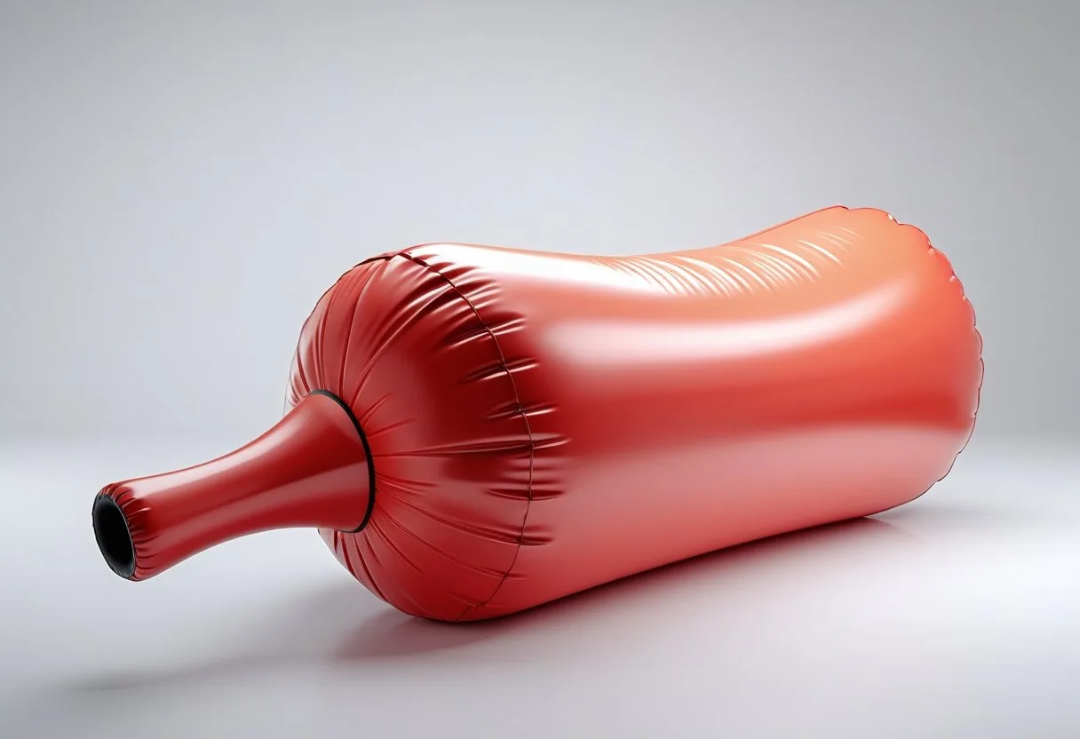 Un énorme coussin péteur rouge de trois mètres posé dans un studio avec un fond blanc.