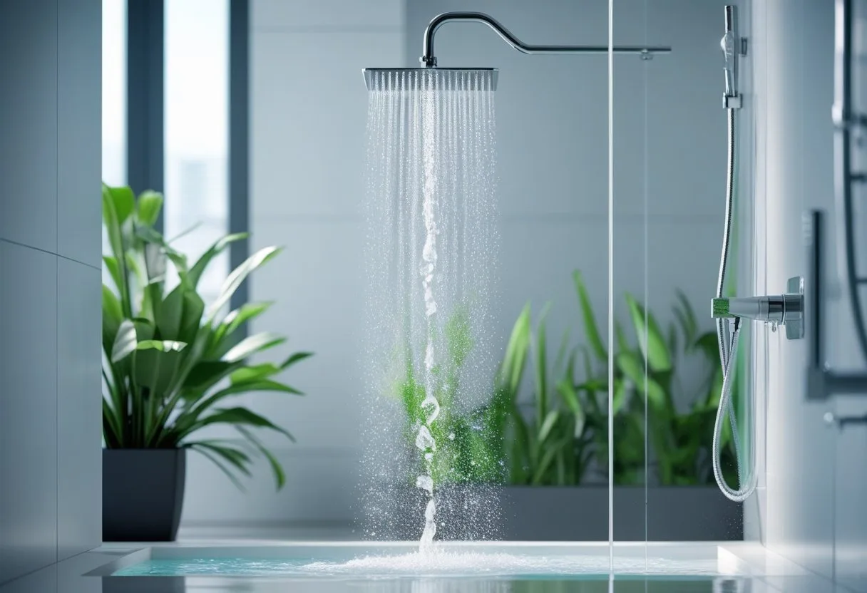 Personne debout sous une douche moderne avec de l'eau qui coule, dans une salle de bain propre avec des plantes en arrière-plan.