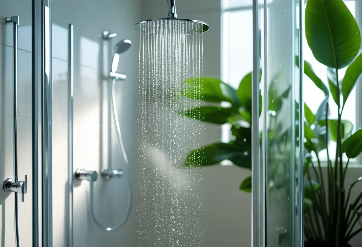 Une douche moderne et propre avec des gouttes d'eau coulant d'une pomme de douche, entourée de plantes vertes.