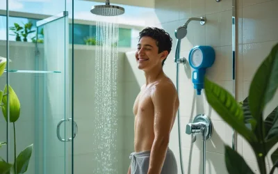 Une personne souriante prenant une douche dans une salle de bain moderne avec des plantes vertes et un éclairage naturel.
