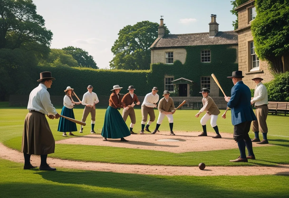 Un groupe de personnes jouant au baseball traditionnel dans un parc anglais avec des vêtements anciens et un bâtiment en pierre en arrière-plan.