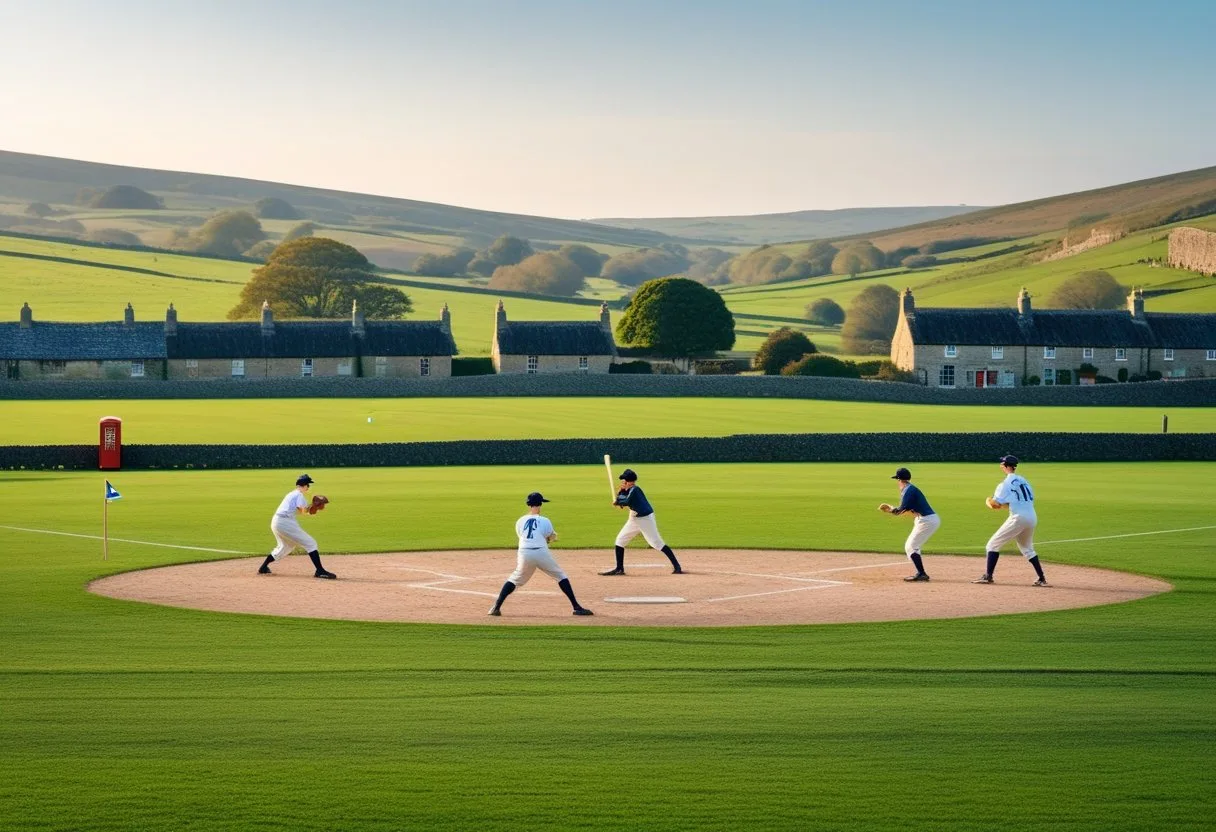 Une partie de base-ball ancienne en campagne britannique avec des joueurs en tenues traditionnelles et des maisons en pierre en arrière-plan.