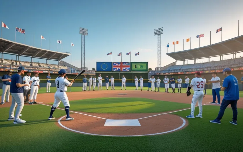 Des joueurs de baseball de différentes nationalités sur un terrain, avec un joueur en uniforme britannique vintage prêt à frapper, entouré de fans et de symboles internationaux.
