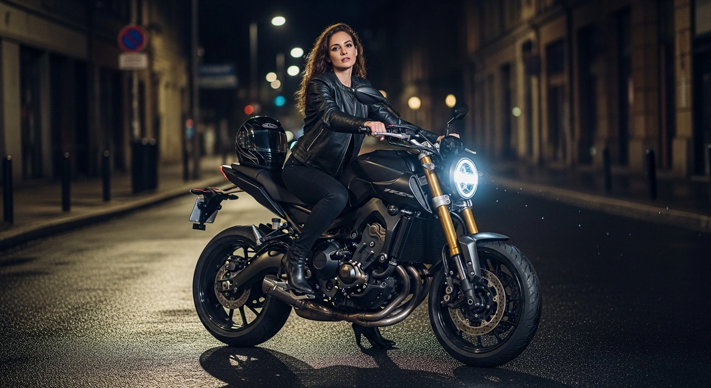 femme sexy ecuir noir sur une moto
